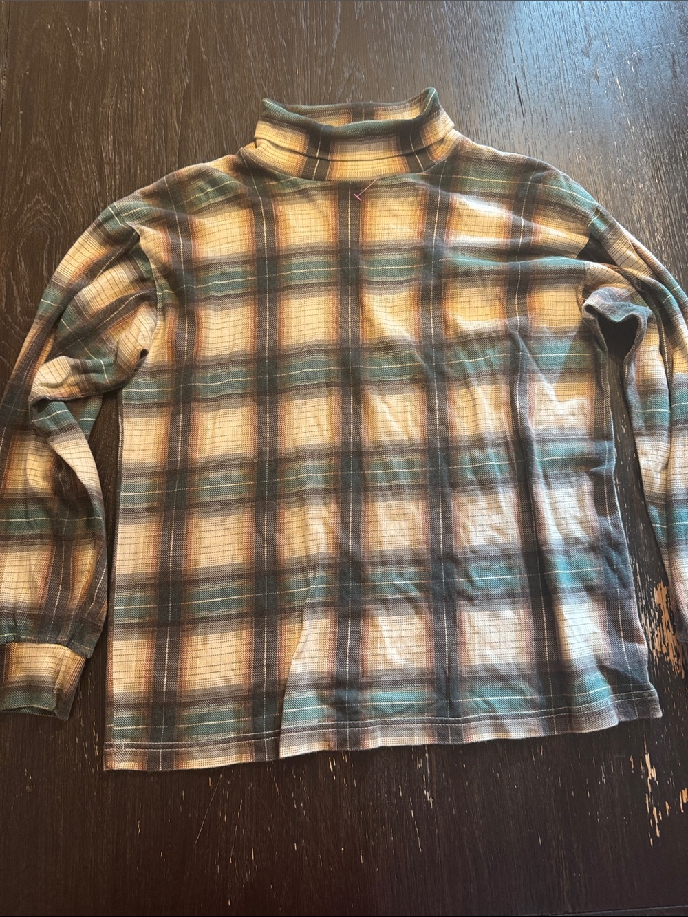 Vintage Women’s Plaid Long-Sleeve Turtleneck Top - Green & Cream 100% Cotton